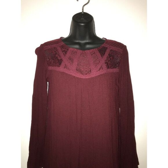 Xhilaration Burgundy Maroon Dress with Lace Tiered Bell Sleeve Sz XS X-Small - Picture 2 of 6